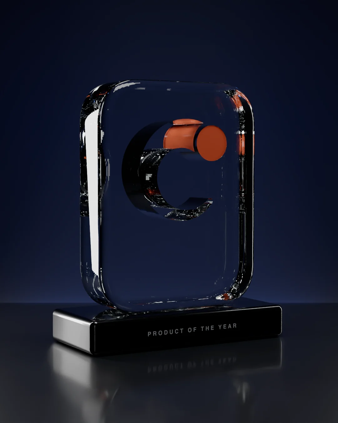 The Cometday award: clear glass with the comet cut through it, on a black base engraved Product of the Year